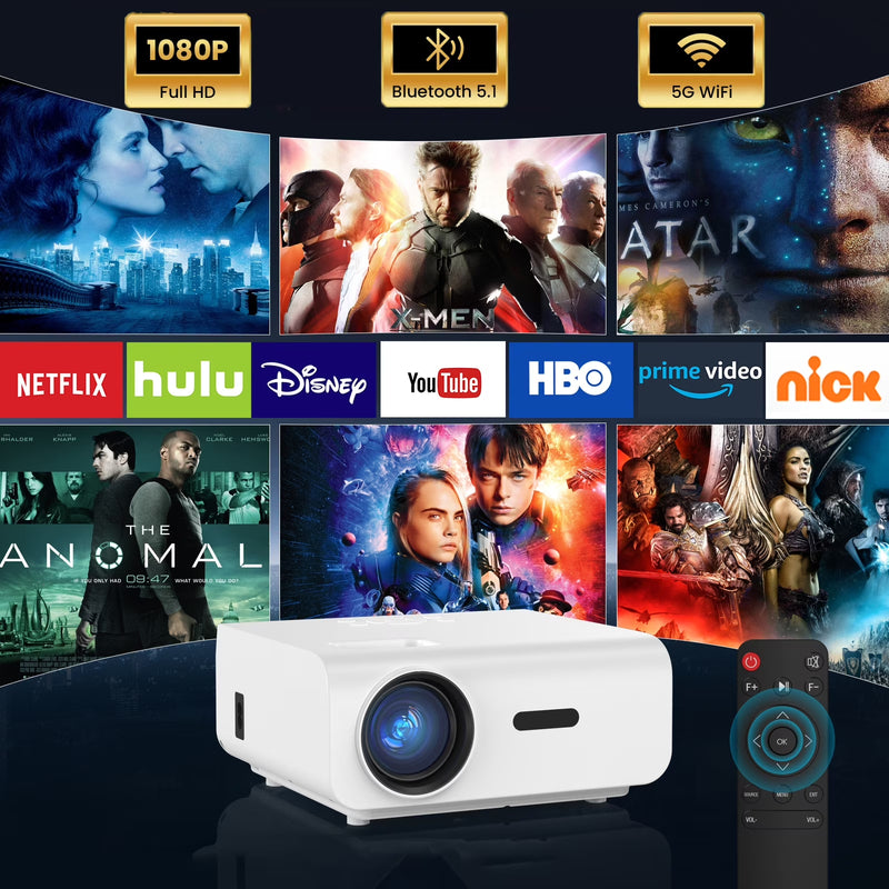 1080P Mini Projector with 5G Wifi and Bluetooth, 240 ANSI, Support 4K, Compatible with Soundbar, 100